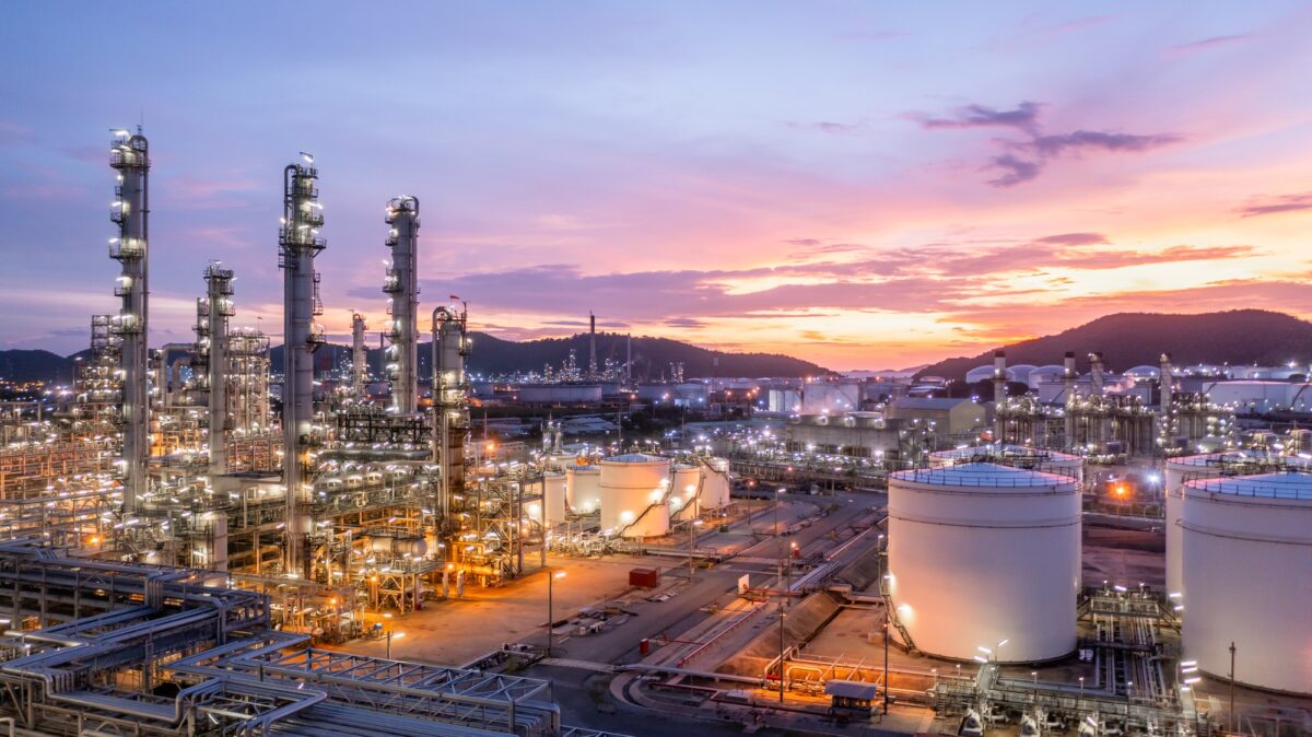 Aerial view oil and gas storage tank and pipeline, Oil and Gas storage tank chemical petroleum.