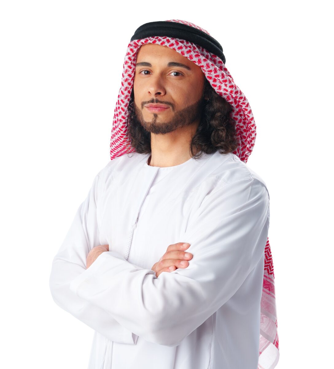 Portrait of a young Arab man wearing middle-eastern traditional dress thobe isolated on white